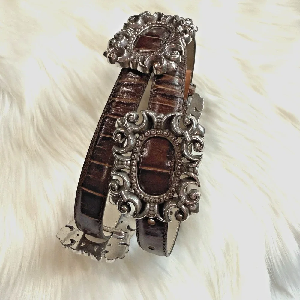 Vtg ALC Leather Concho Belt Women L Western Boho Buckle Stamped Alligator Print